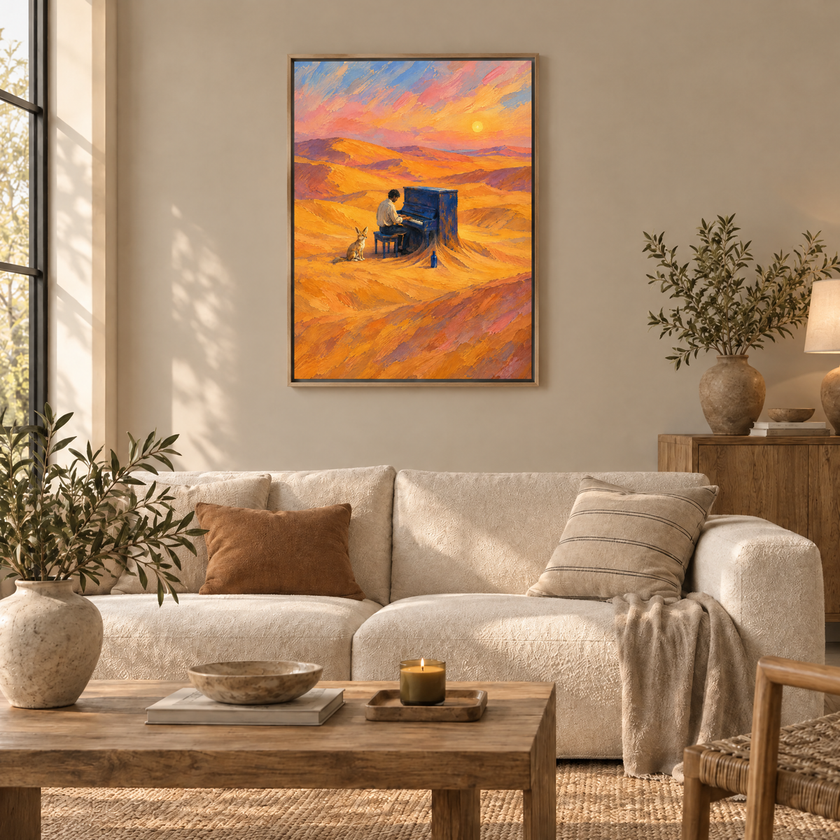 Der Pianist der Dünen – Leinwand im Naturholz-Schattenfugenrahmen im Wohnzimmer, ohne Weißrand.
