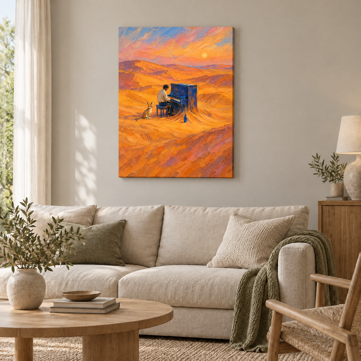 Der Pianist der Dünen – Rahmenlose Slim-Leinwand im Wohnzimmer, ohne Weißrand.