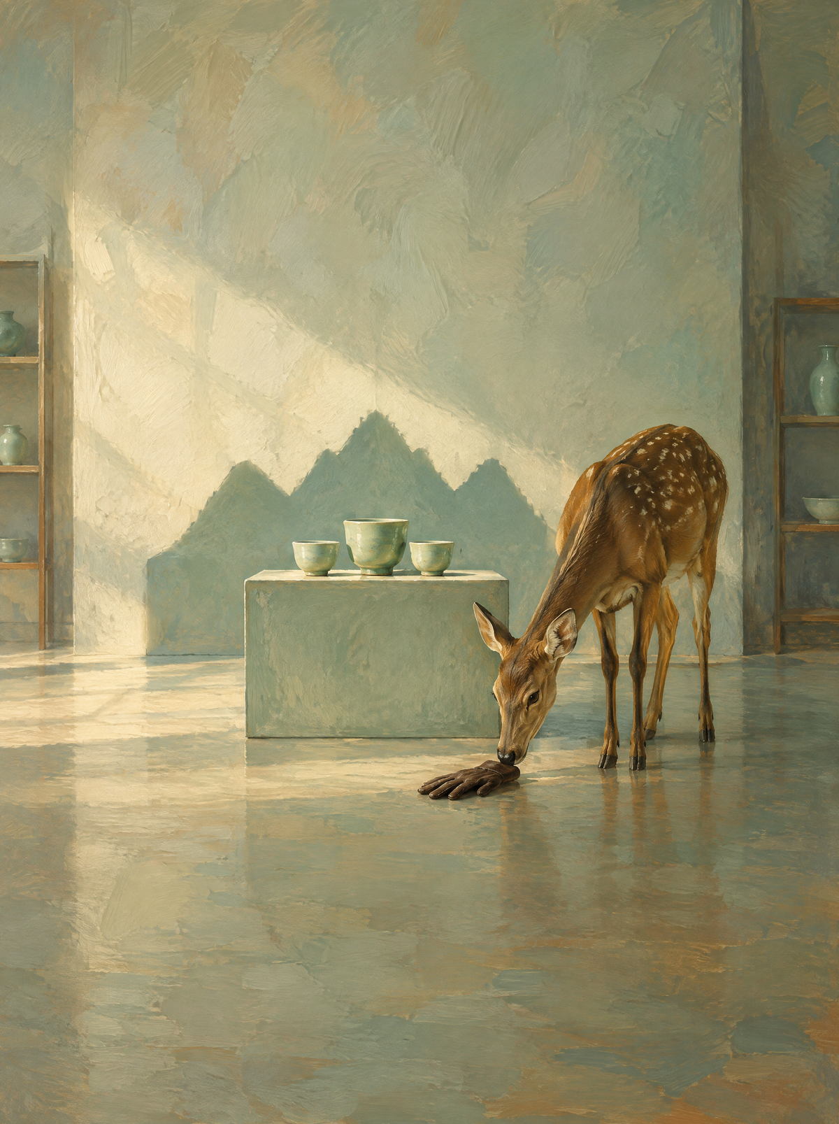 Der Hirsch im Porzellanladen – Kunstmotiv ohne Rahmen.