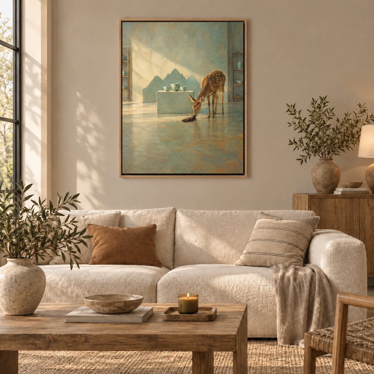Der Hirsch im Porzellanladen – Leinwand im Naturholz-Schattenfugenrahmen im Wohnzimmer, ohne Weißrand.