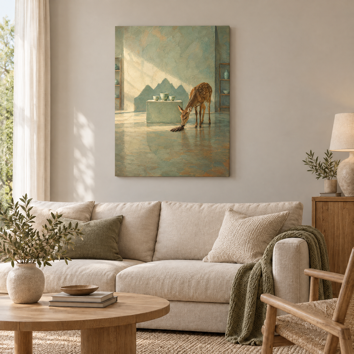 Der Hirsch im Porzellanladen – Rahmenlose Slim-Leinwand im Wohnzimmer, ohne Weißrand.