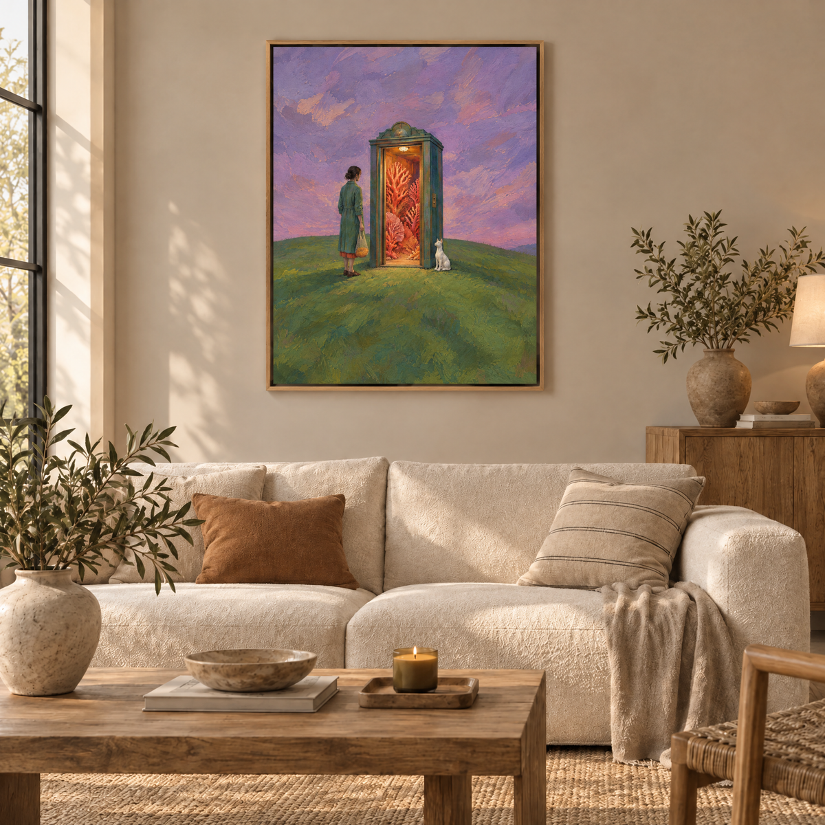 Der Aufzug zum Korallenwald – Leinwand im Naturholz-Schattenfugenrahmen im Wohnzimmer, ohne Weißrand.