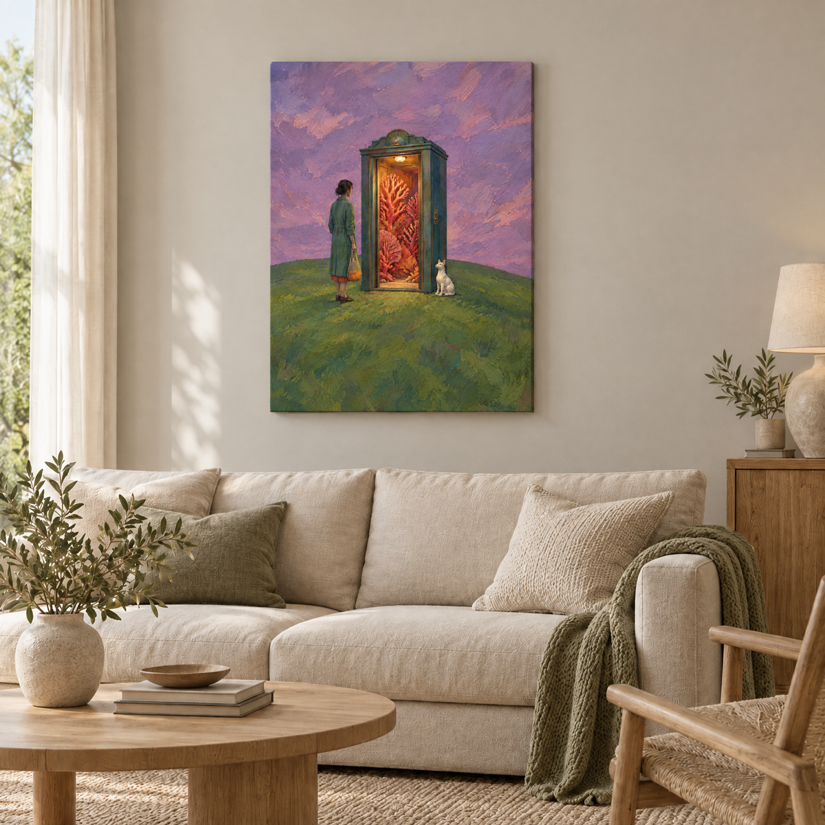 Der Aufzug zum Korallenwald – Rahmenlose Slim-Leinwand im Wohnzimmer, ohne Weißrand.