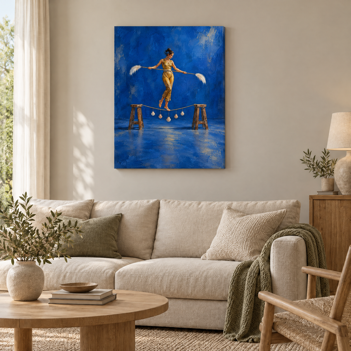 Die Seiltänzerin der Muscheln – Rahmenlose Slim-Leinwand im Wohnzimmer, ohne Weißrand.