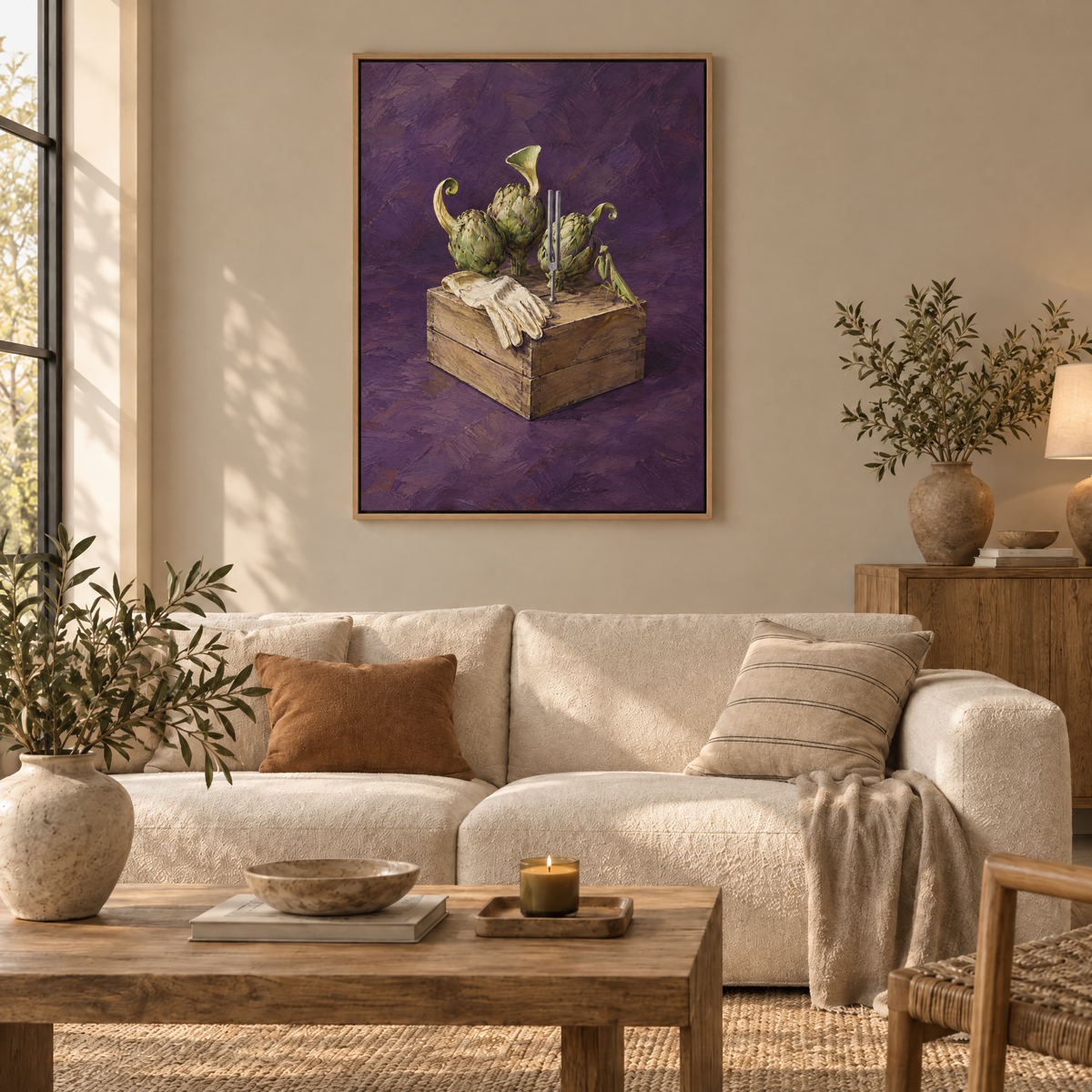 Das Orchester der Artischocken – Leinwand im Naturholz-Schattenfugenrahmen im Wohnzimmer, ohne Weißrand.