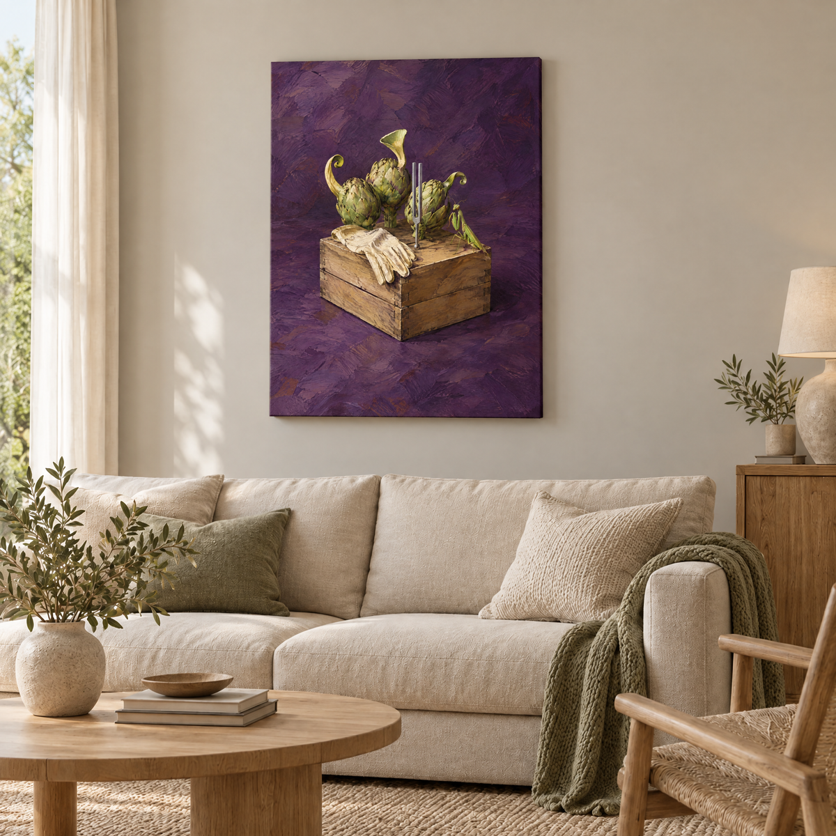 Das Orchester der Artischocken – Rahmenlose Slim-Leinwand im Wohnzimmer, ohne Weißrand.