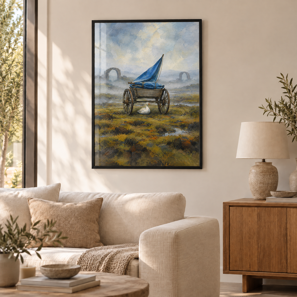 Die Kutsche der Stille – Poster im schwarzen Holzrahmen im Wohnzimmer, ohne Weißrand.