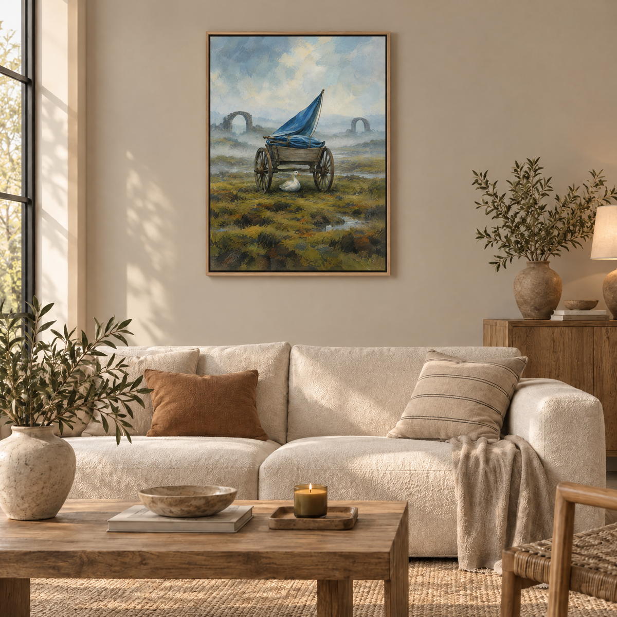 Die Kutsche der Stille – Leinwand im Naturholz-Schattenfugenrahmen im Wohnzimmer, ohne Weißrand.