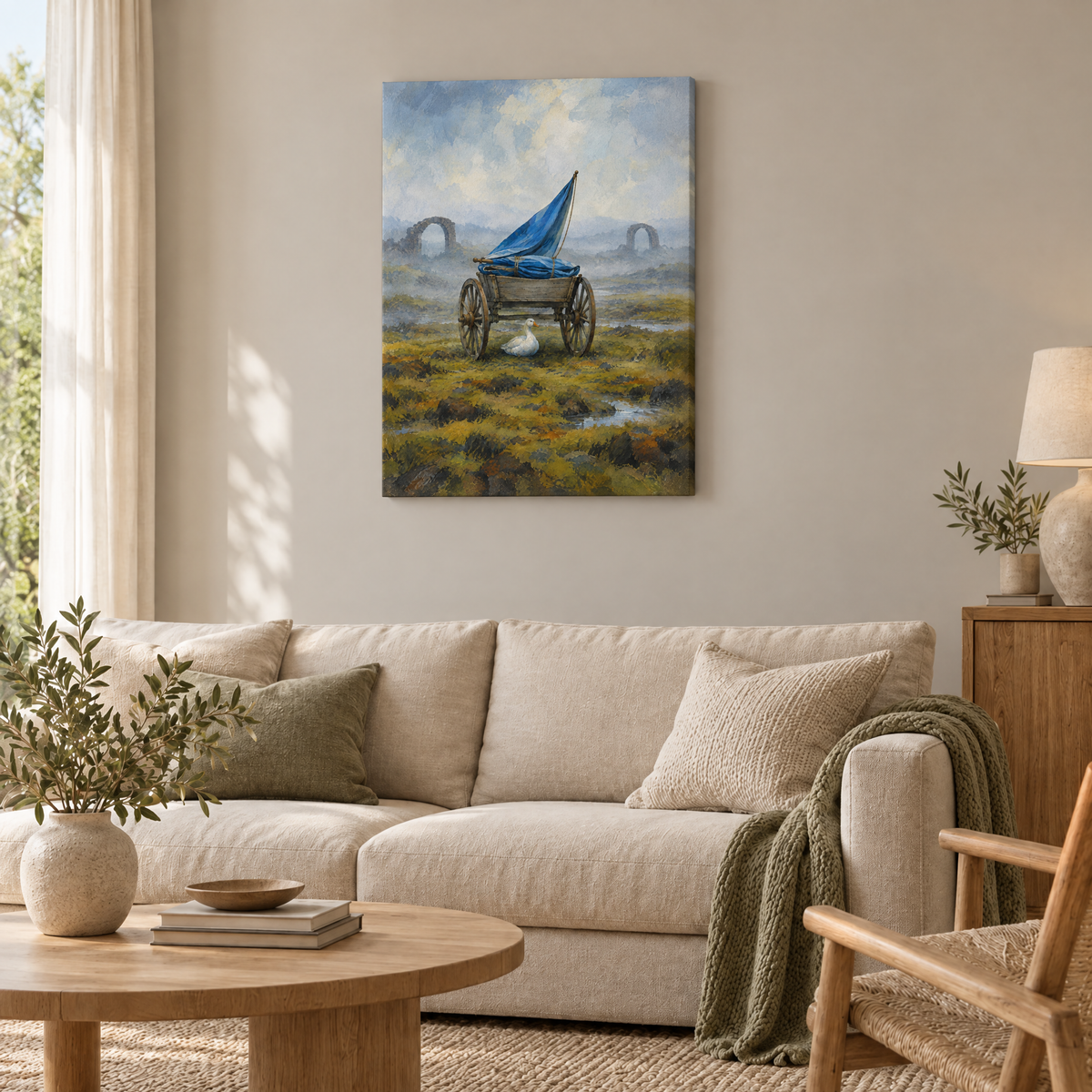 Die Kutsche der Stille – Rahmenlose Slim-Leinwand im Wohnzimmer, ohne Weißrand.