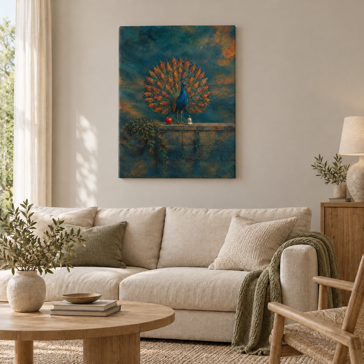 Die Stadt im Pfauenrad – Rahmenlose Slim-Leinwand im Wohnzimmer, ohne Weißrand.