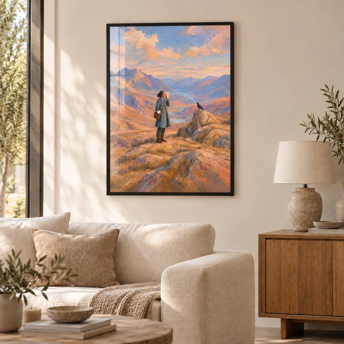 Die Sammlerin des Echos – Poster im schwarzen Holzrahmen im Wohnzimmer, ohne Weißrand.