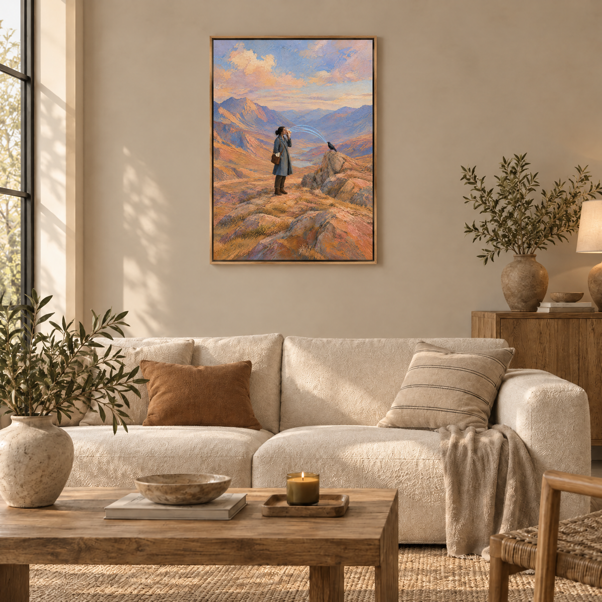 Die Sammlerin des Echos – Leinwand im Naturholz-Schattenfugenrahmen im Wohnzimmer, ohne Weißrand.