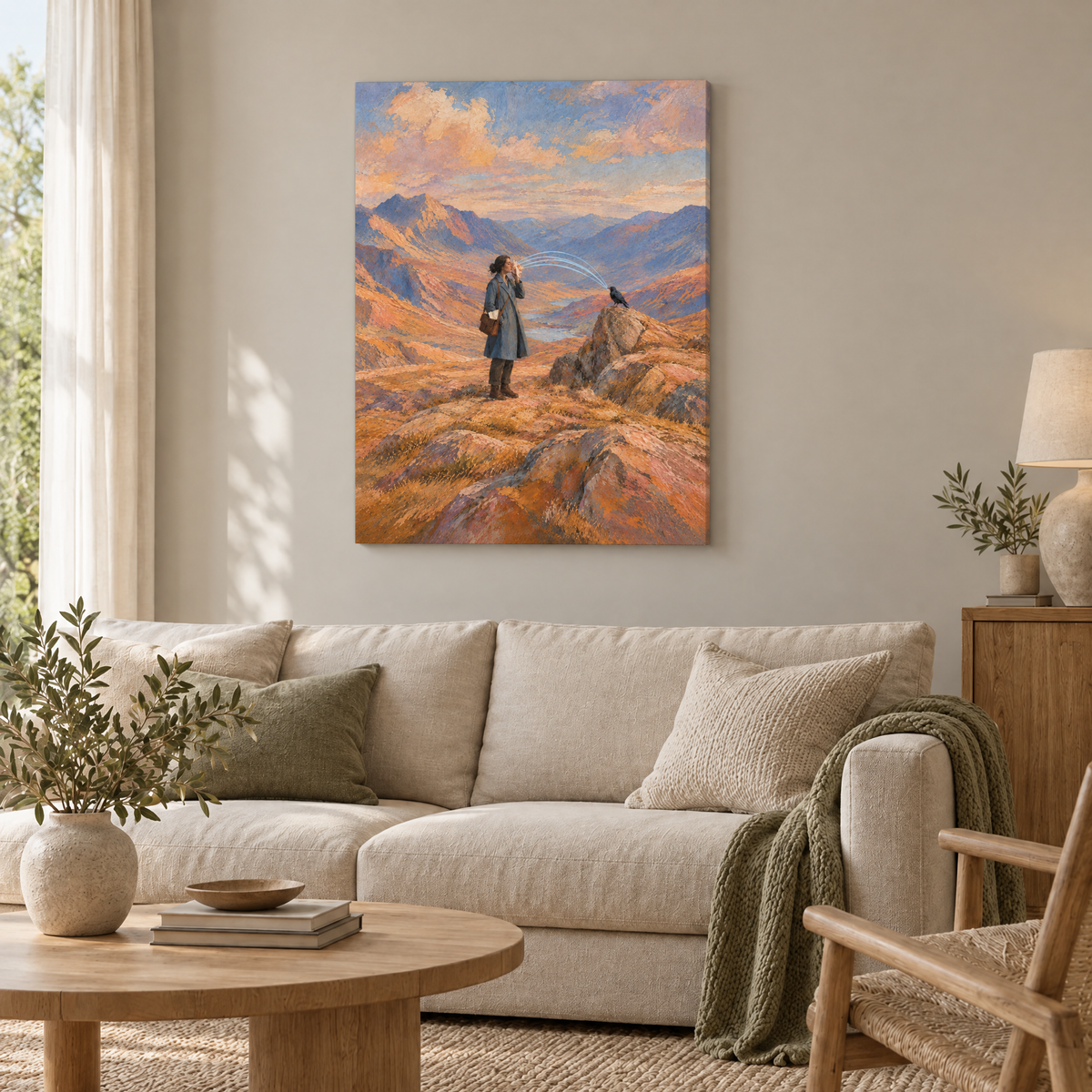 Die Sammlerin des Echos – Rahmenlose Slim-Leinwand im Wohnzimmer, ohne Weißrand.