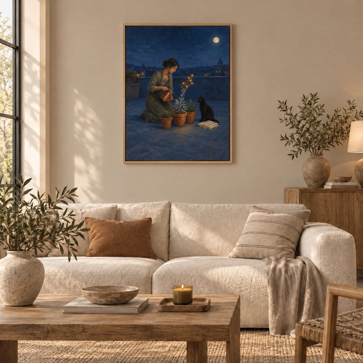 Die Gärtnerin der Sterne – Leinwand im Naturholz-Schattenfugenrahmen im Wohnzimmer, ohne Weißrand.
