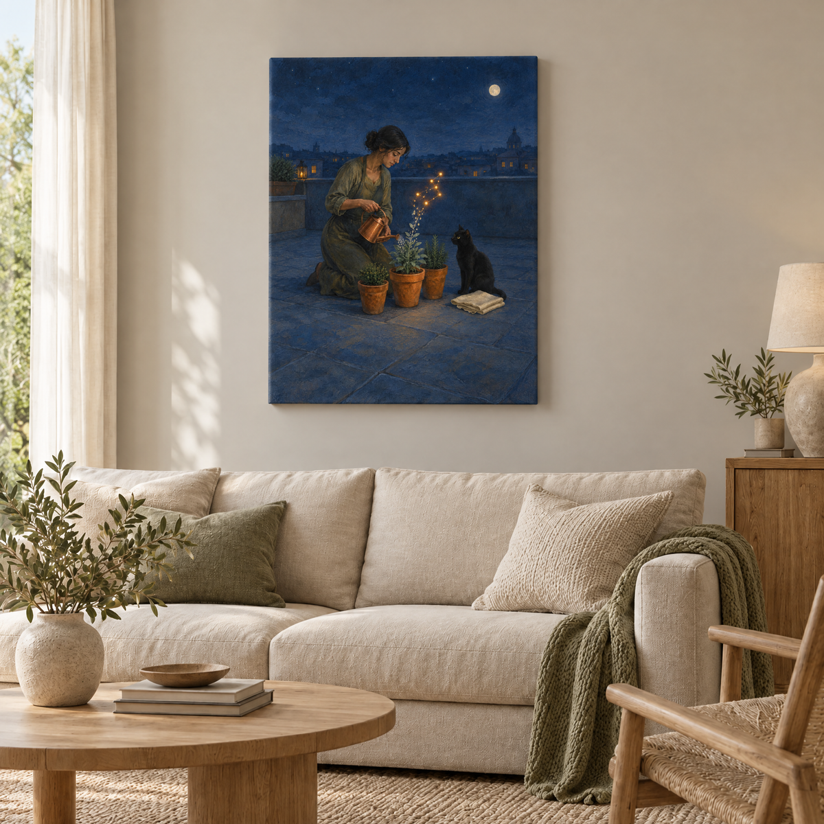 Die Gärtnerin der Sterne – Rahmenlose Slim-Leinwand im Wohnzimmer, ohne Weißrand.