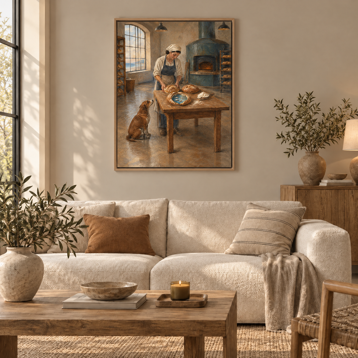 Der Bäcker der Gezeiten – Leinwand im Naturholz-Schattenfugenrahmen im Wohnzimmer, ohne Weißrand.