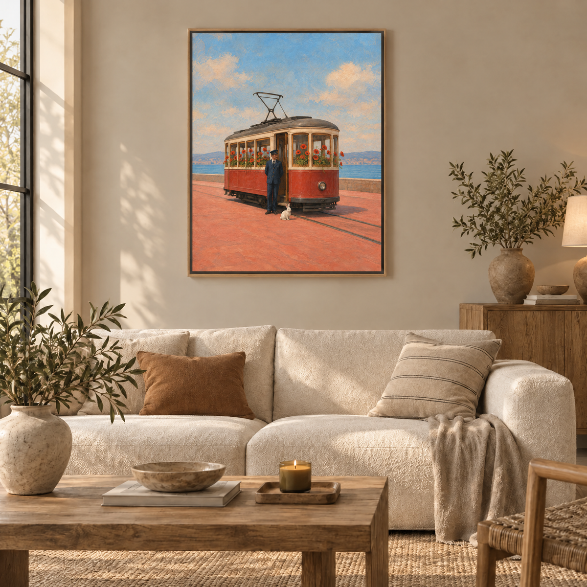 Die Tram der Mohnblumen – Leinwand im Naturholz-Schattenfugenrahmen im Wohnzimmer, ohne Weißrand.