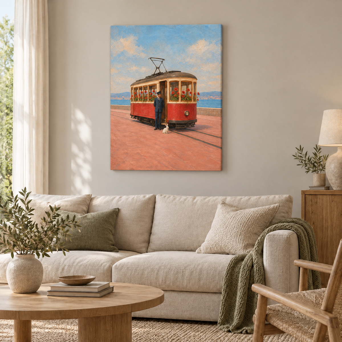 Die Tram der Mohnblumen – Rahmenlose Slim-Leinwand im Wohnzimmer, ohne Weißrand.