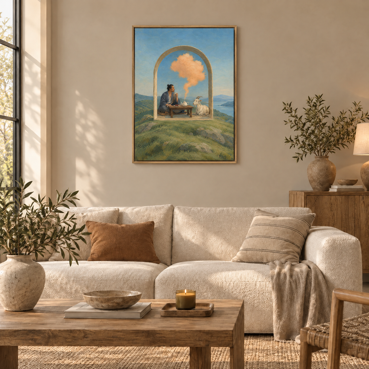 Der Tee aus der Wolke – Leinwand im Naturholz-Schattenfugenrahmen im Wohnzimmer, ohne Weißrand.