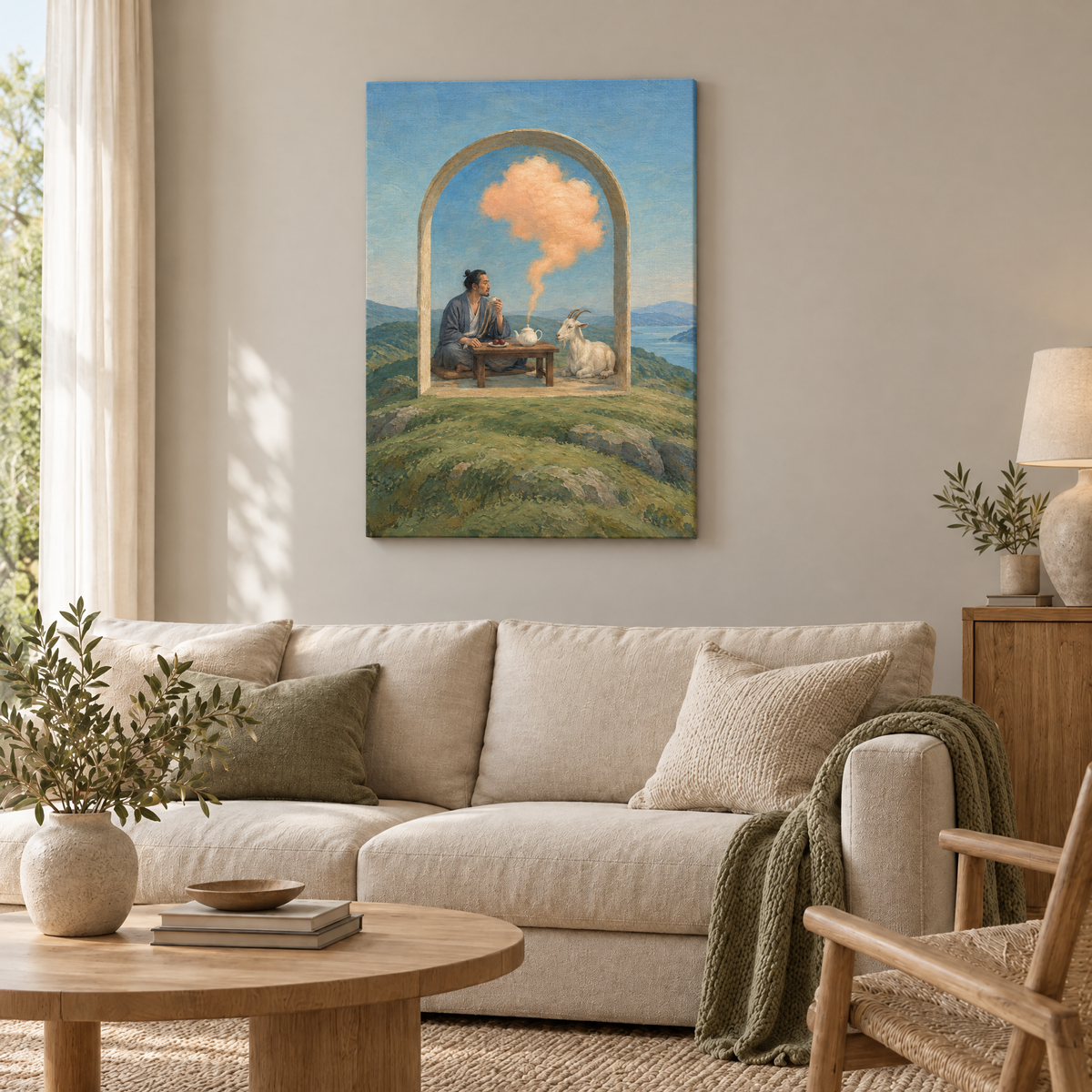 Der Tee aus der Wolke – Rahmenlose Slim-Leinwand im Wohnzimmer, ohne Weißrand.