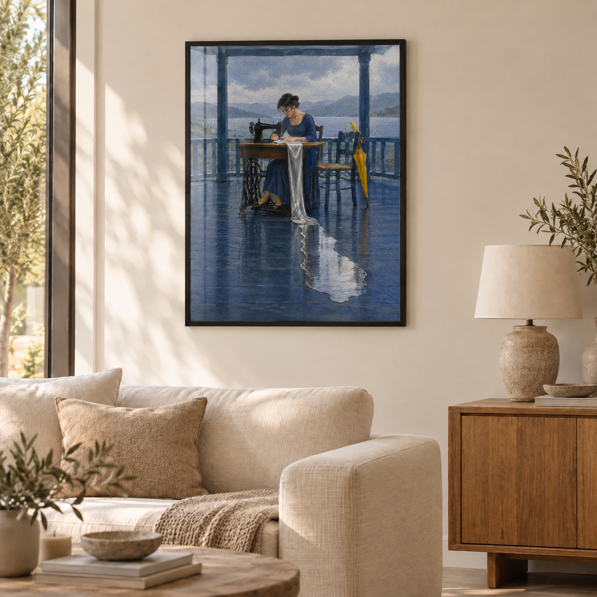 Die Näherin des Regens – Poster im schwarzen Holzrahmen im Wohnzimmer, ohne Weißrand.