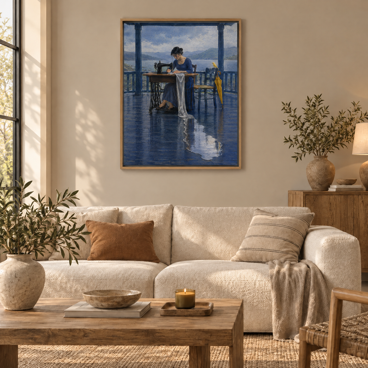 Die Näherin des Regens – Leinwand im Naturholz-Schattenfugenrahmen im Wohnzimmer, ohne Weißrand.