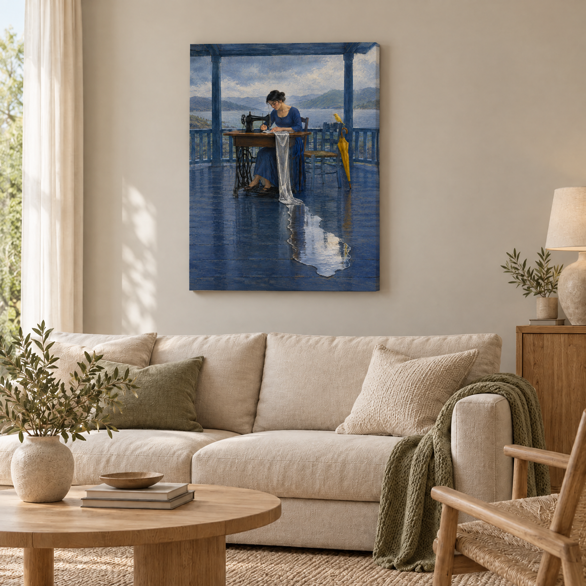 Die Näherin des Regens – Rahmenlose Slim-Leinwand im Wohnzimmer, ohne Weißrand.