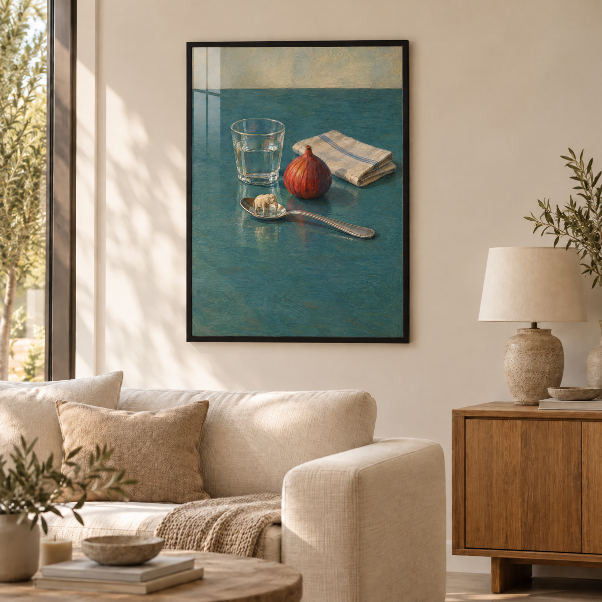 Der Elefant im Teelöffel – Poster im schwarzen Holzrahmen im Wohnzimmer, ohne Weißrand.
