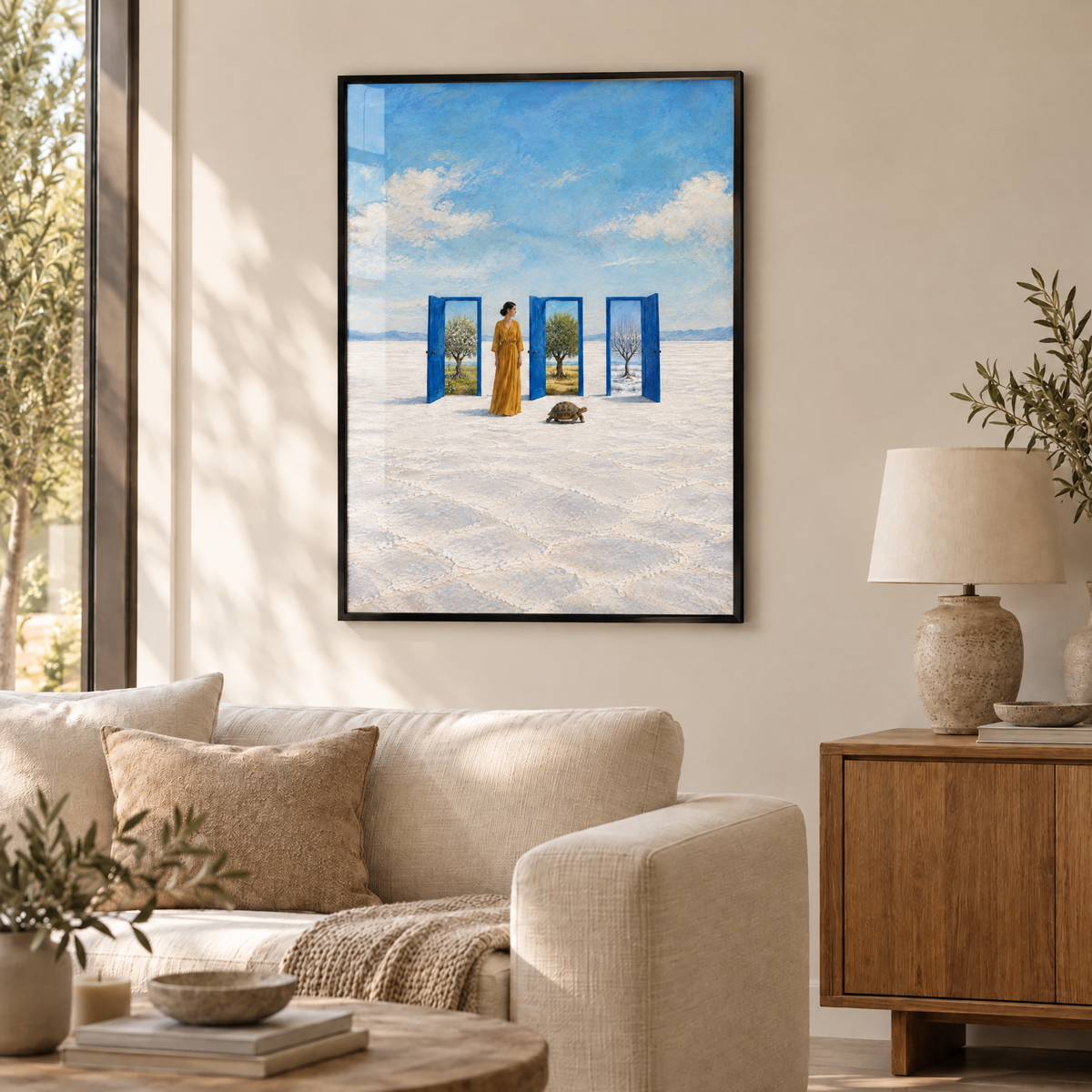 Die Hüterin der Türen – Poster im schwarzen Holzrahmen im Wohnzimmer, ohne Weißrand.