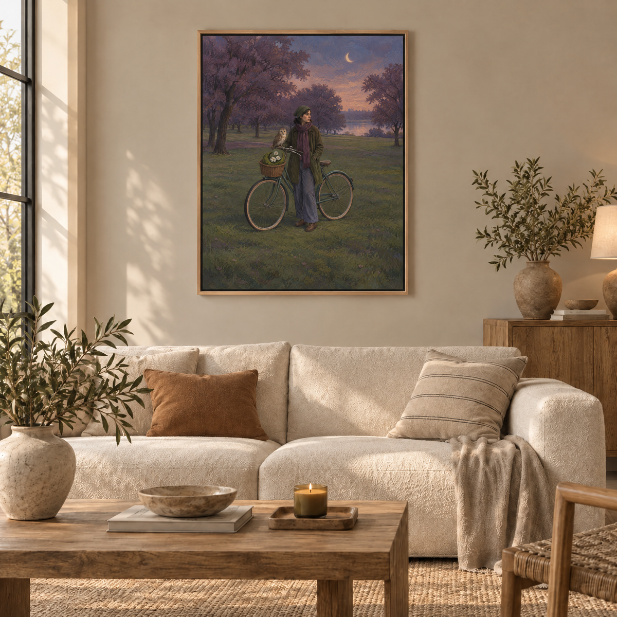 Das Fahrrad des Mondgärtners – Leinwand im Naturholz-Schattenfugenrahmen im Wohnzimmer, ohne Weißrand.