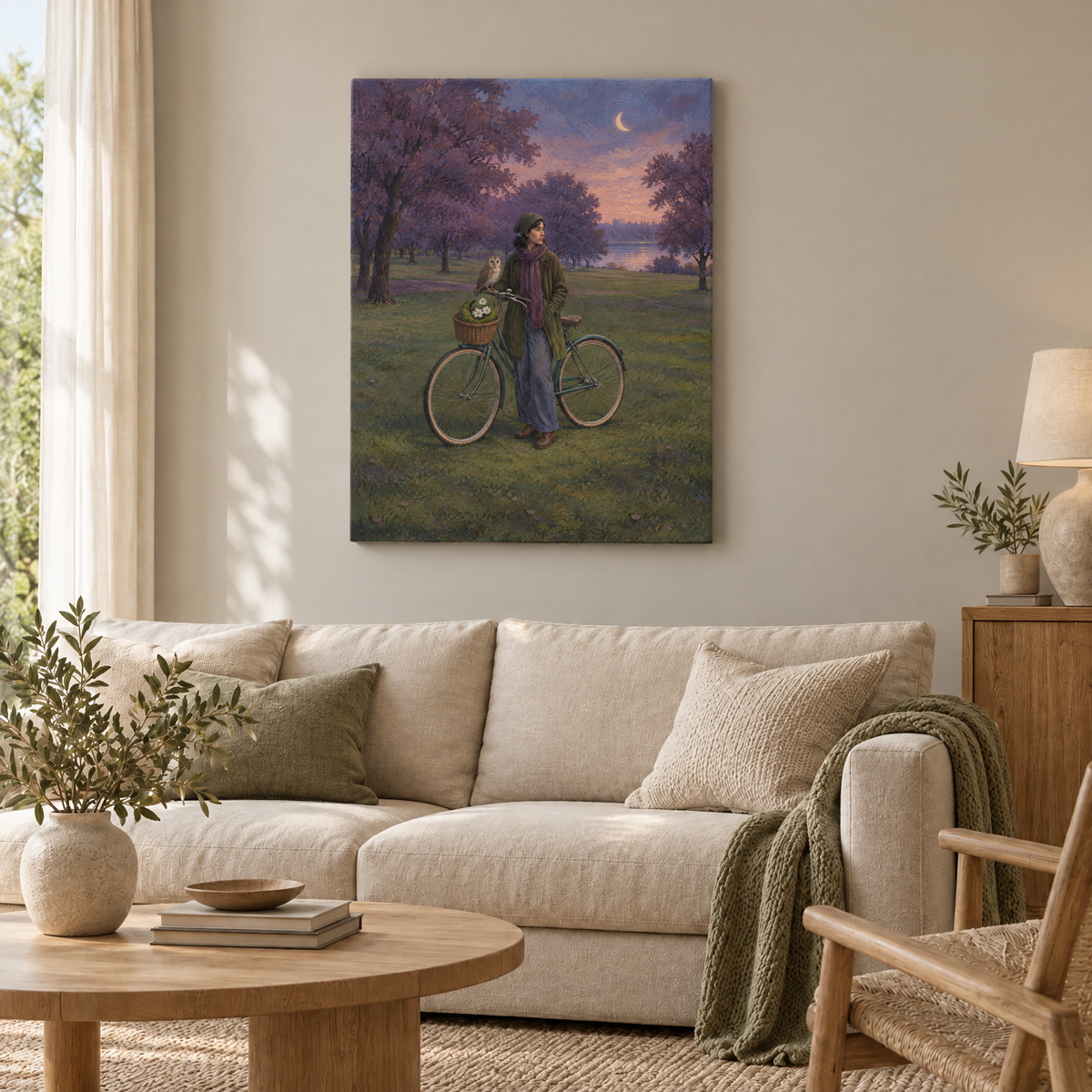 Das Fahrrad des Mondgärtners – Rahmenlose Slim-Leinwand im Wohnzimmer, ohne Weißrand.