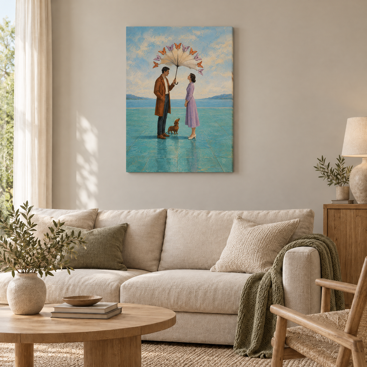 Der Schirm aus Schmetterlingen – Rahmenlose Slim-Leinwand im Wohnzimmer, ohne Weißrand.