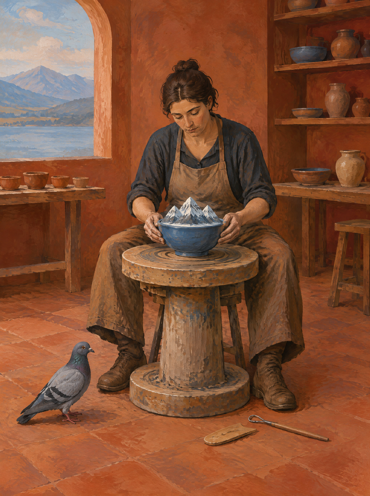 Die Werkstatt der kleinen Berge – Kunstmotiv ohne Rahmen.