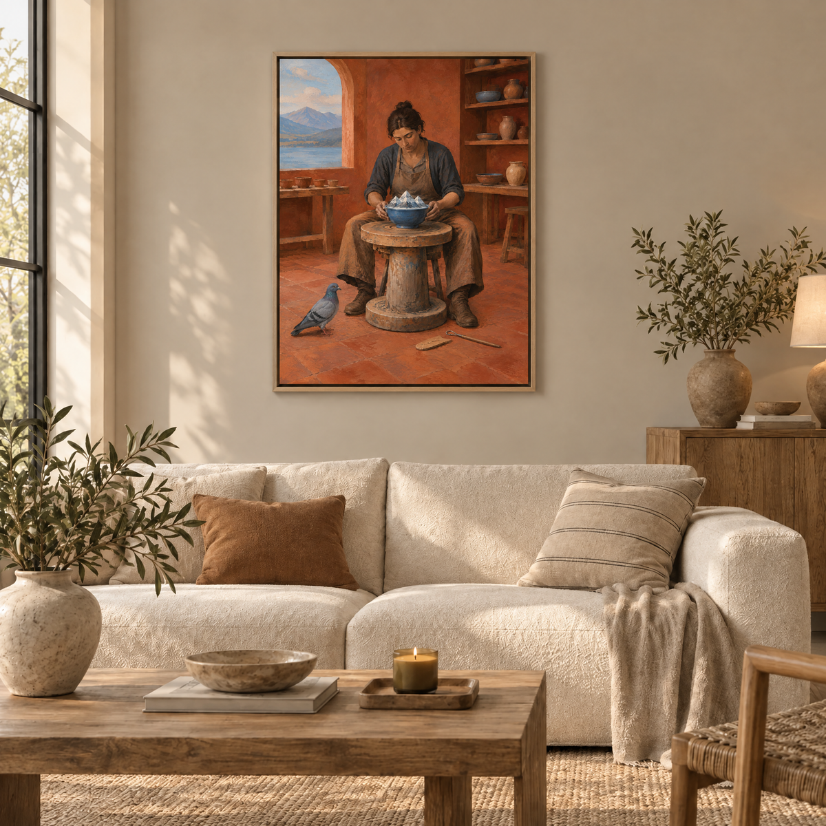 Die Werkstatt der kleinen Berge – Leinwand im Naturholz-Schattenfugenrahmen im Wohnzimmer, ohne Weißrand.