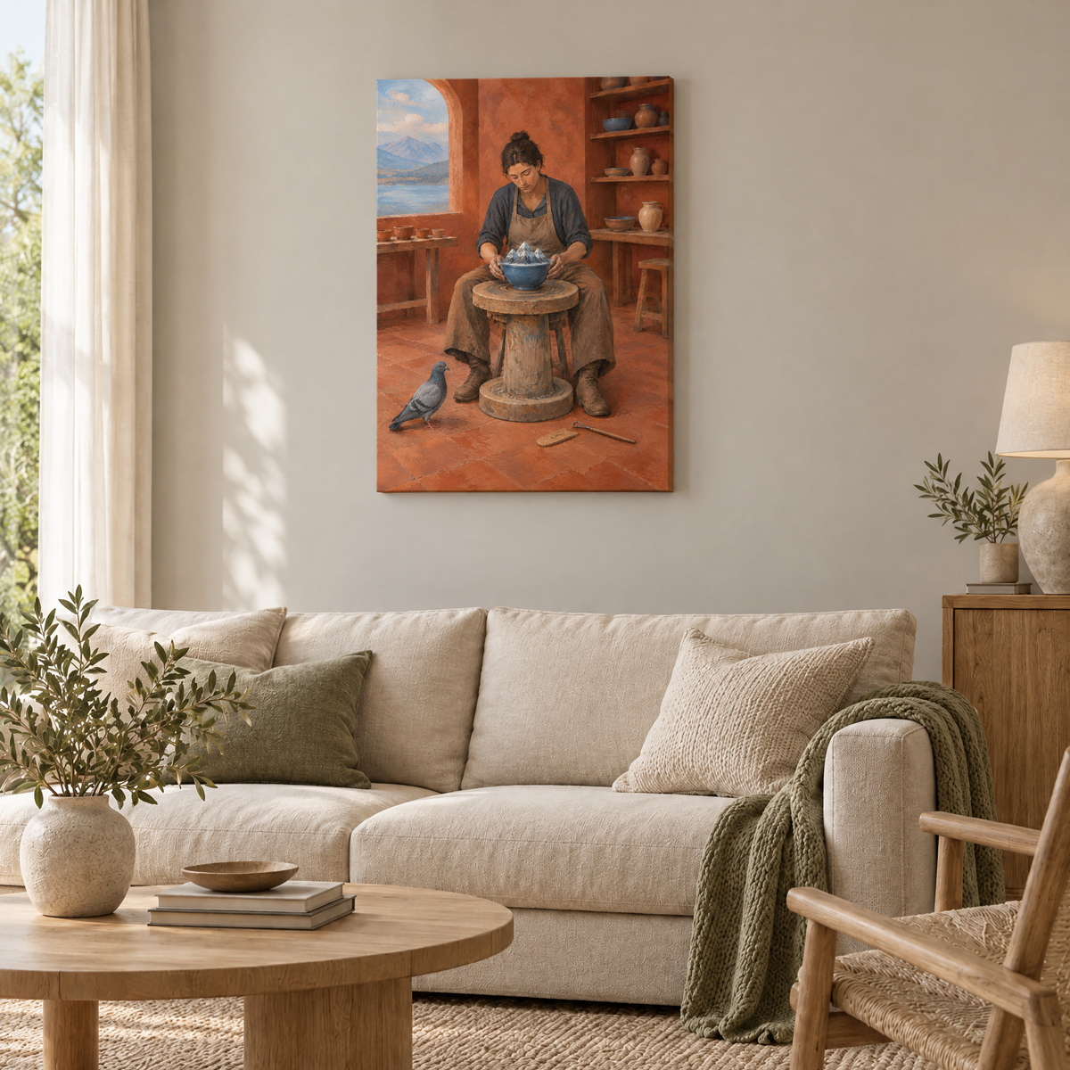 Die Werkstatt der kleinen Berge – Rahmenlose Slim-Leinwand im Wohnzimmer, ohne Weißrand.