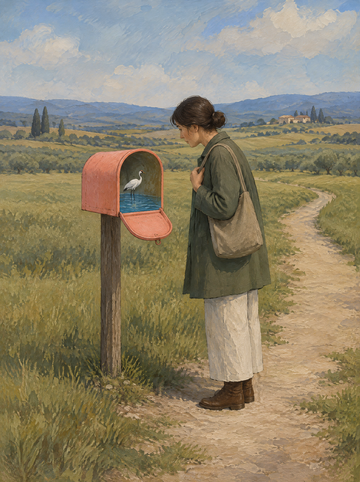 Der Kranich im Briefkasten – Kunstmotiv ohne Rahmen.