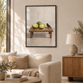 Das Fenster der Melonen – Poster im schwarzen Holzrahmen im Wohnzimmer, ohne Weißrand.