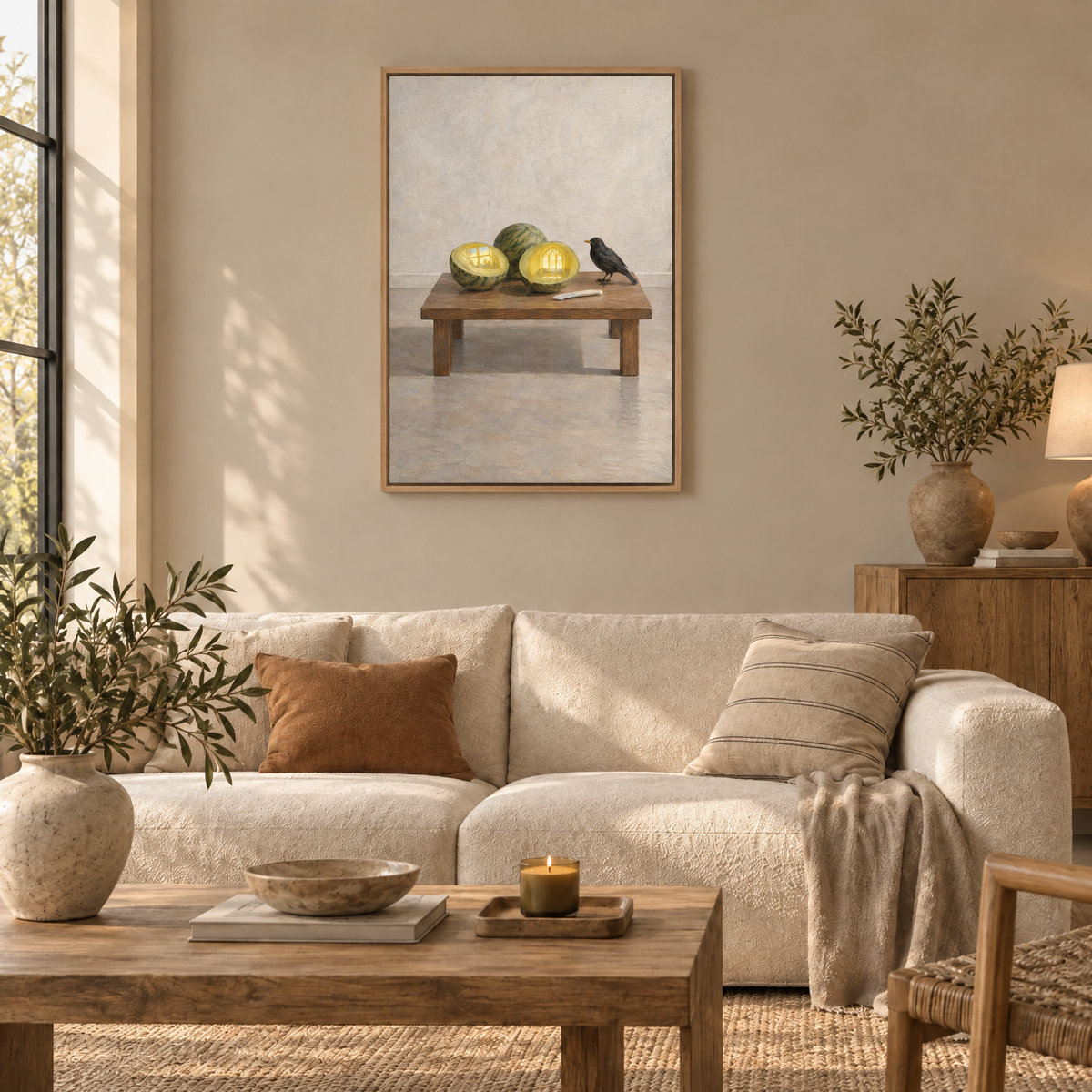 Das Fenster der Melonen – Leinwand im Naturholz-Schattenfugenrahmen im Wohnzimmer, ohne Weißrand.