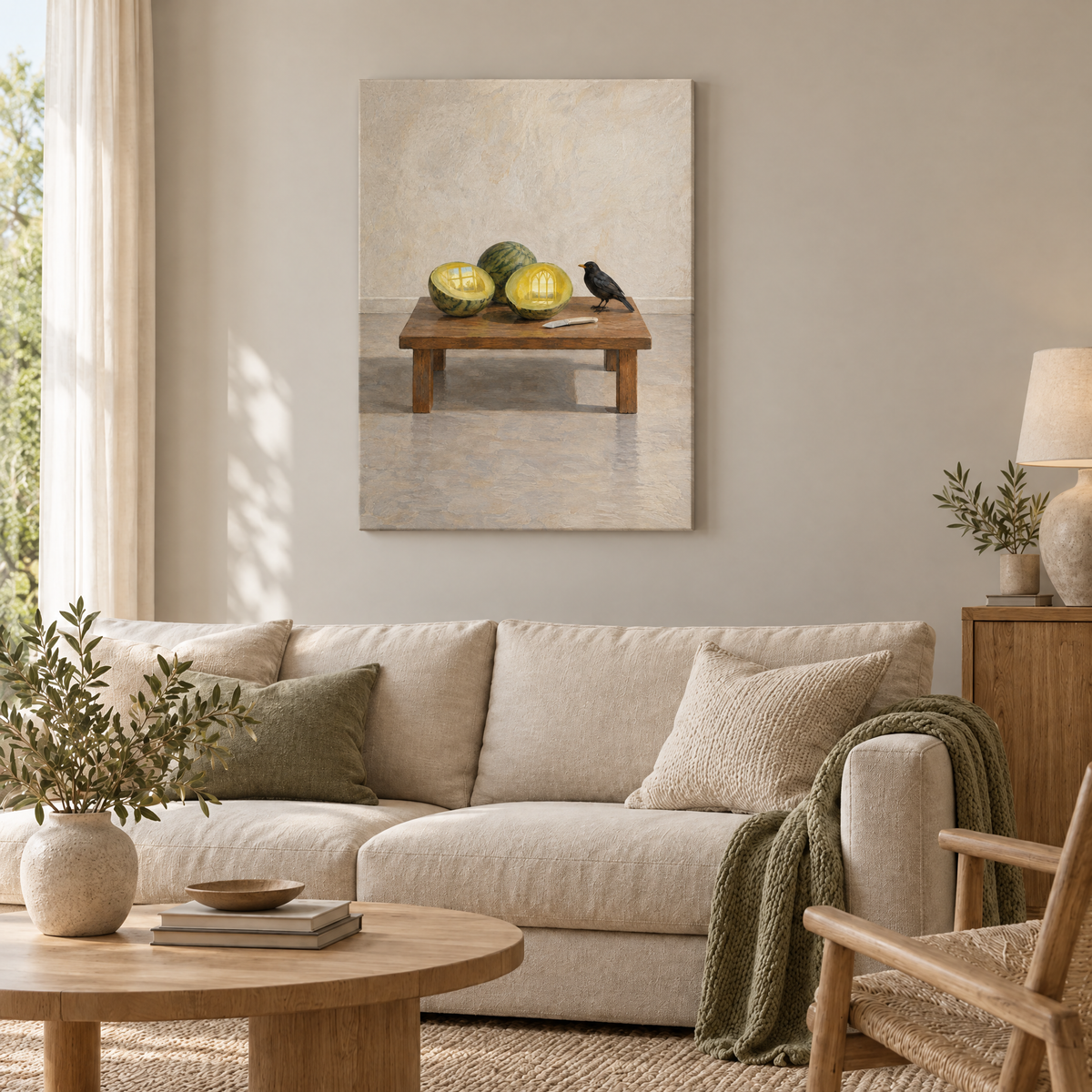 Das Fenster der Melonen – Rahmenlose Slim-Leinwand im Wohnzimmer, ohne Weißrand.