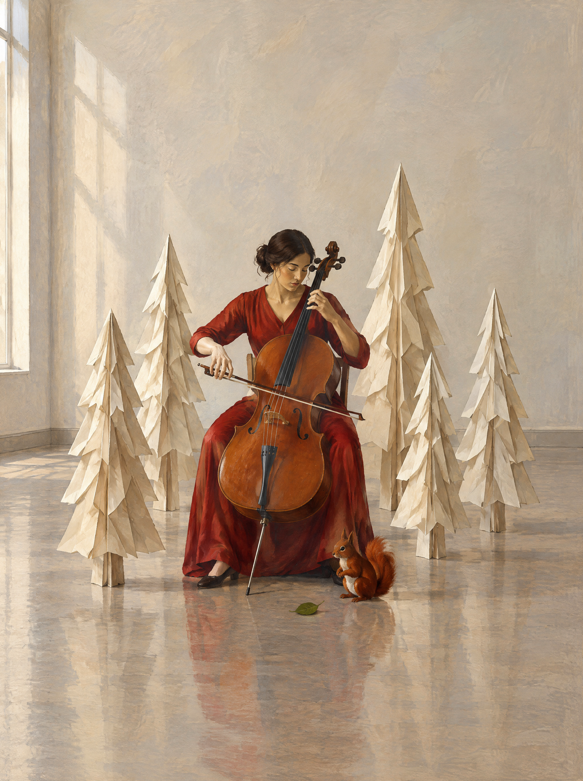Die Cellistin im Papierwald – Kunstmotiv ohne Rahmen.