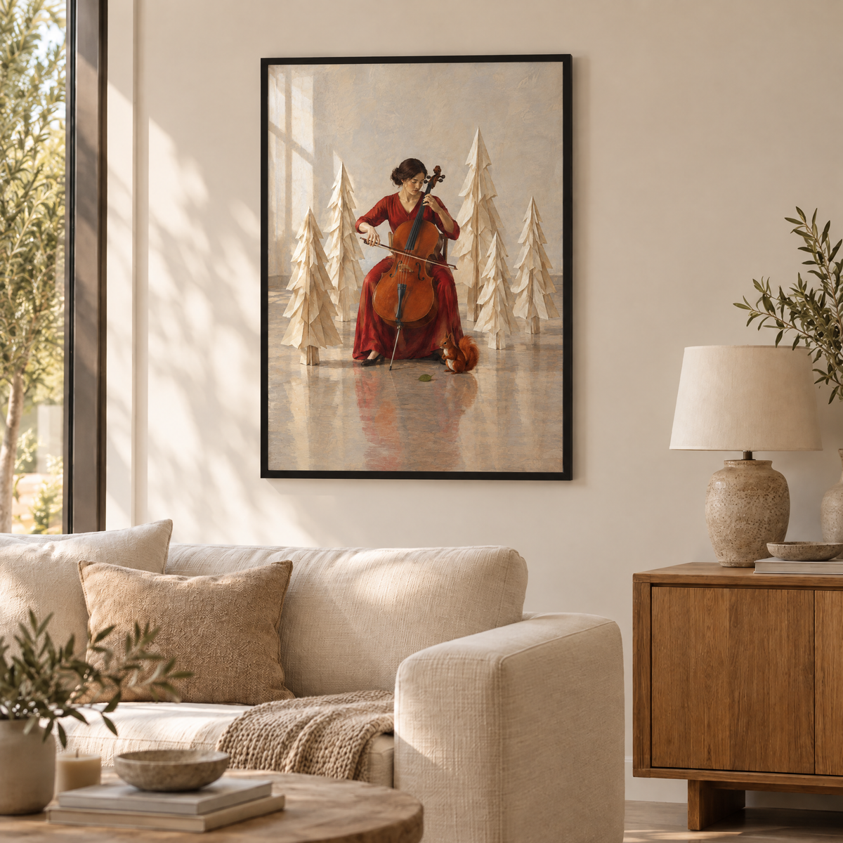 Die Cellistin im Papierwald – Poster im schwarzen Holzrahmen im Wohnzimmer, ohne Weißrand.