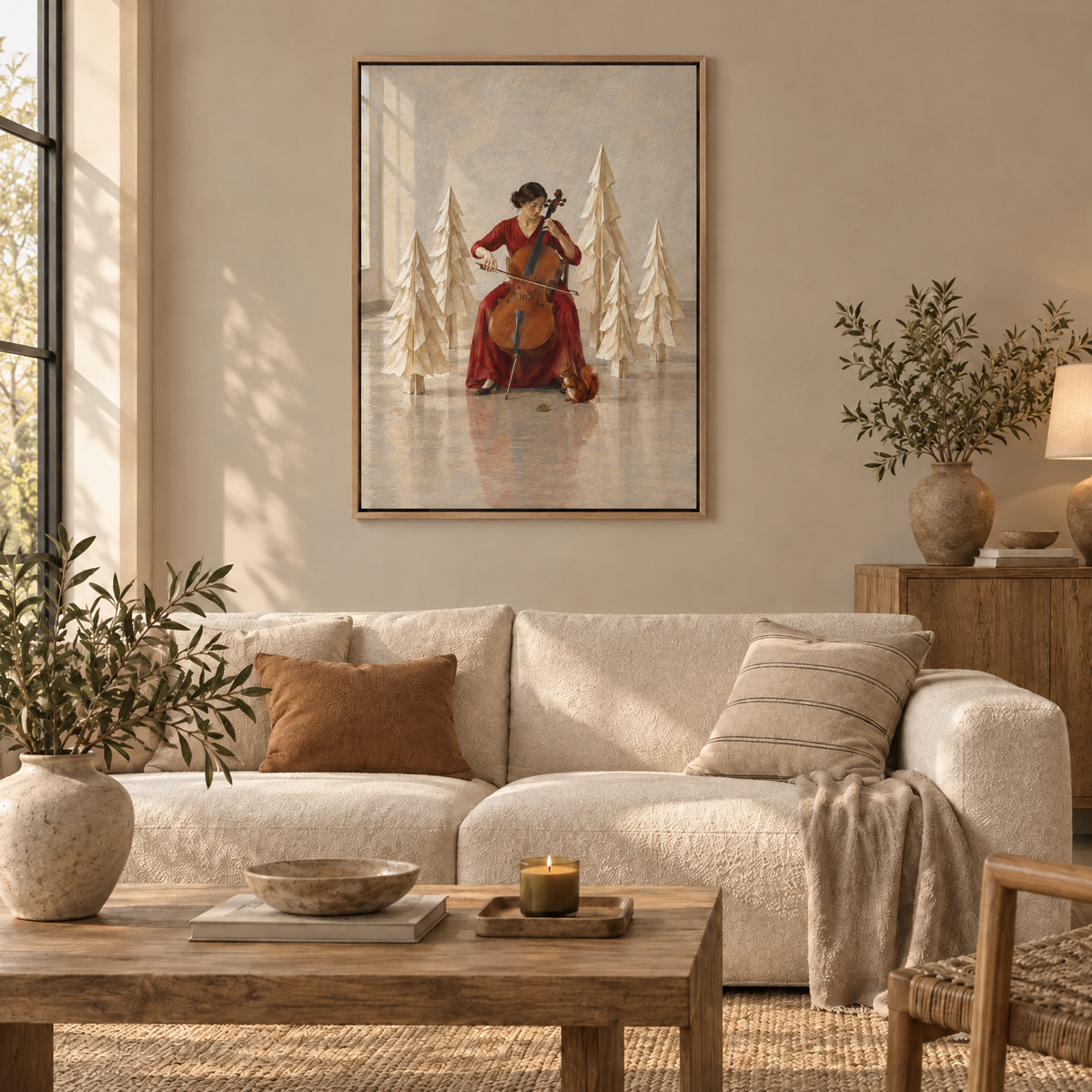 Die Cellistin im Papierwald – Leinwand im Naturholz-Schattenfugenrahmen im Wohnzimmer, ohne Weißrand.