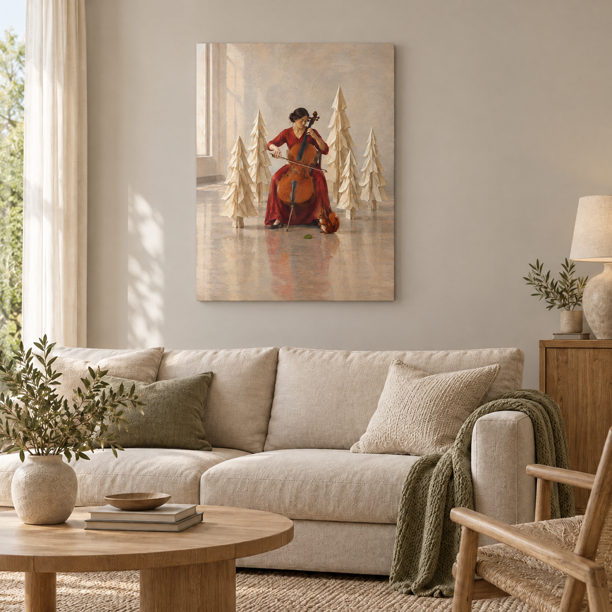 Die Cellistin im Papierwald – Rahmenlose Slim-Leinwand im Wohnzimmer, ohne Weißrand.
