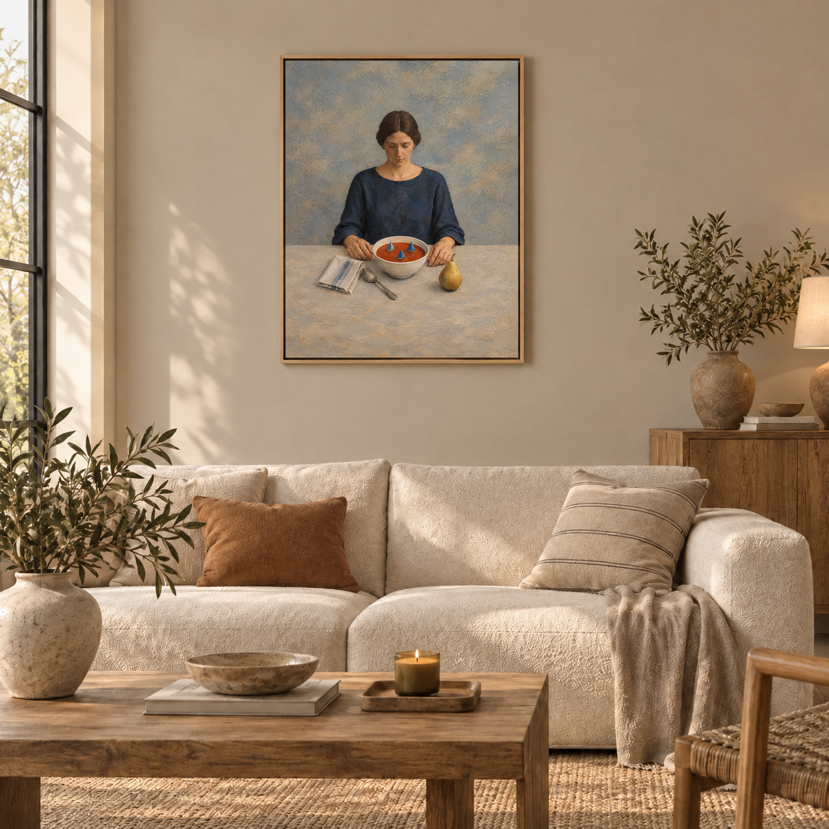 Die Suppe der Segelboote – Leinwand im Naturholz-Schattenfugenrahmen im Wohnzimmer, ohne Weißrand.