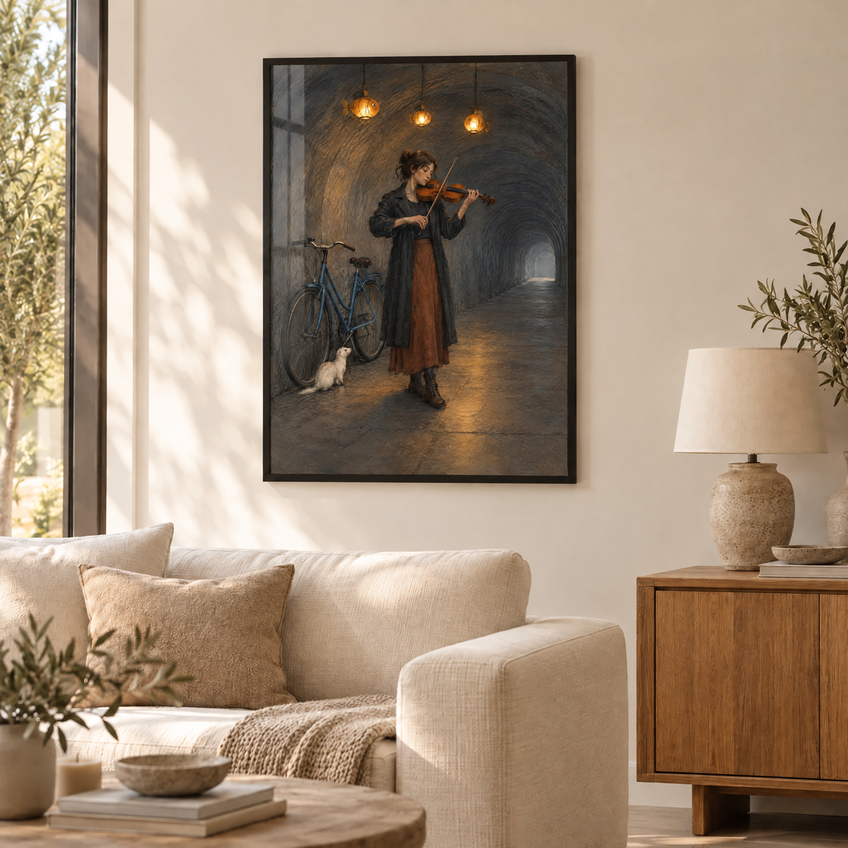 Der Geiger der Laternenfische – Poster im schwarzen Holzrahmen im Wohnzimmer, ohne Weißrand.