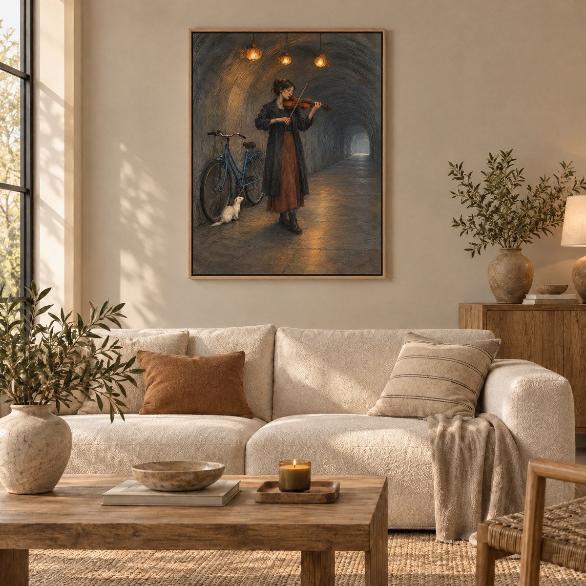 Der Geiger der Laternenfische – Leinwand im Naturholz-Schattenfugenrahmen im Wohnzimmer, ohne Weißrand.