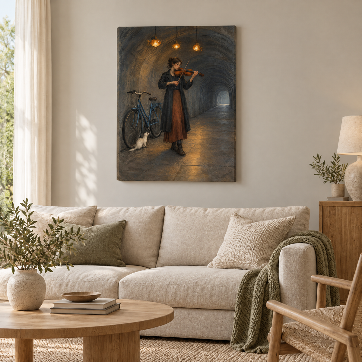 Der Geiger der Laternenfische – Rahmenlose Slim-Leinwand im Wohnzimmer, ohne Weißrand.