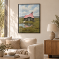Das Haus mit dem Schwanendach – Poster im schwarzen Holzrahmen im Wohnzimmer, ohne Weißrand.