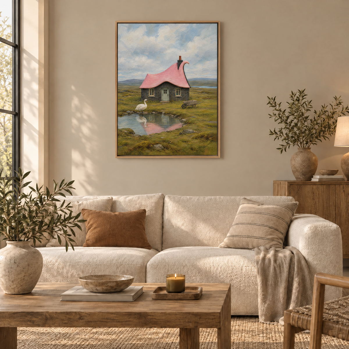 Das Haus mit dem Schwanendach – Leinwand im Naturholz-Schattenfugenrahmen im Wohnzimmer, ohne Weißrand.