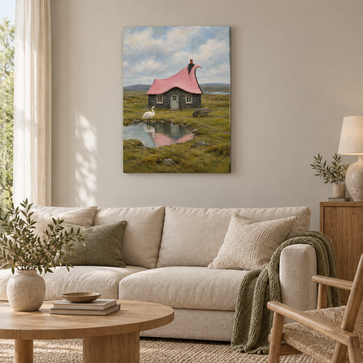 Das Haus mit dem Schwanendach – Rahmenlose Slim-Leinwand im Wohnzimmer, ohne Weißrand.